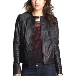 Trouvé Womens XS Black Leather & Knit Moto Jacket With Quilted Detailing
